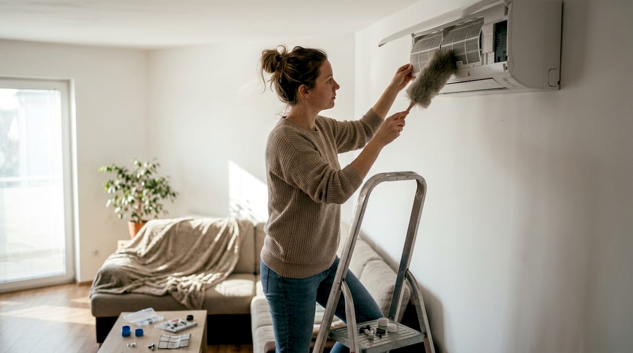 Egy nő otthon saját kezűleg kitisztítja a klímaberendezést.