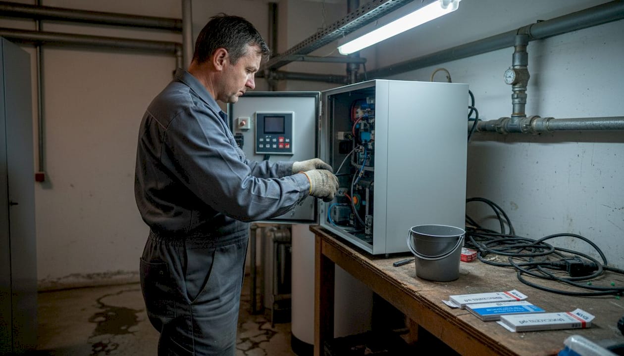 Vízkezelő rendszer karbantartása során dolgozó szerelő