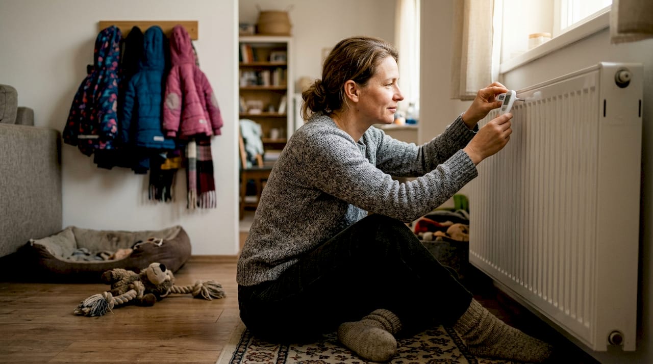 Egy nő a nappalijában ellenőrzi a radiátort otthon.