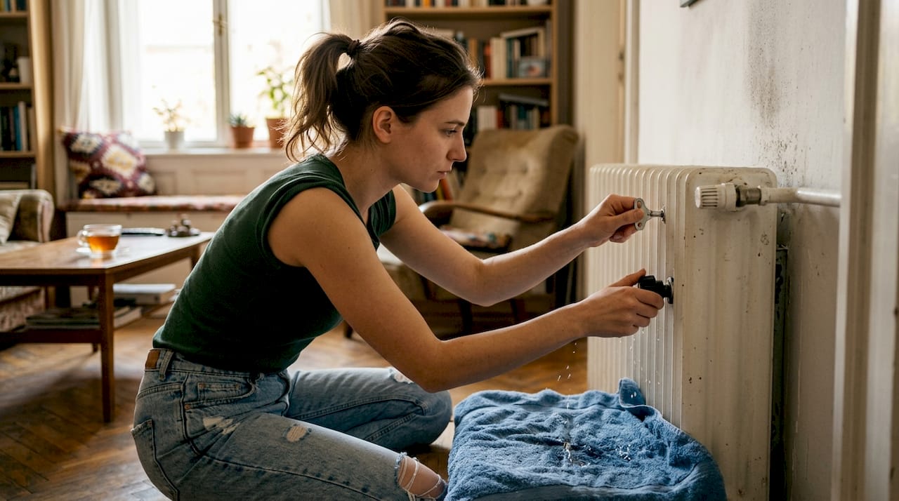 Egy nő légteleníti a radiátort a nappalijában otthon.
