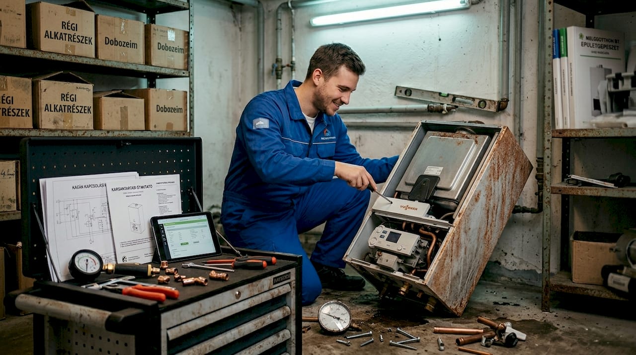 Kazán beszerelése, amikor alig férünk el a kazánházban