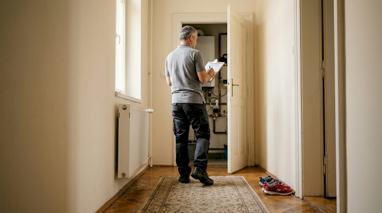 A fűtésszerelő helyszíni felmérést végez az otthoni kazánhoz.
