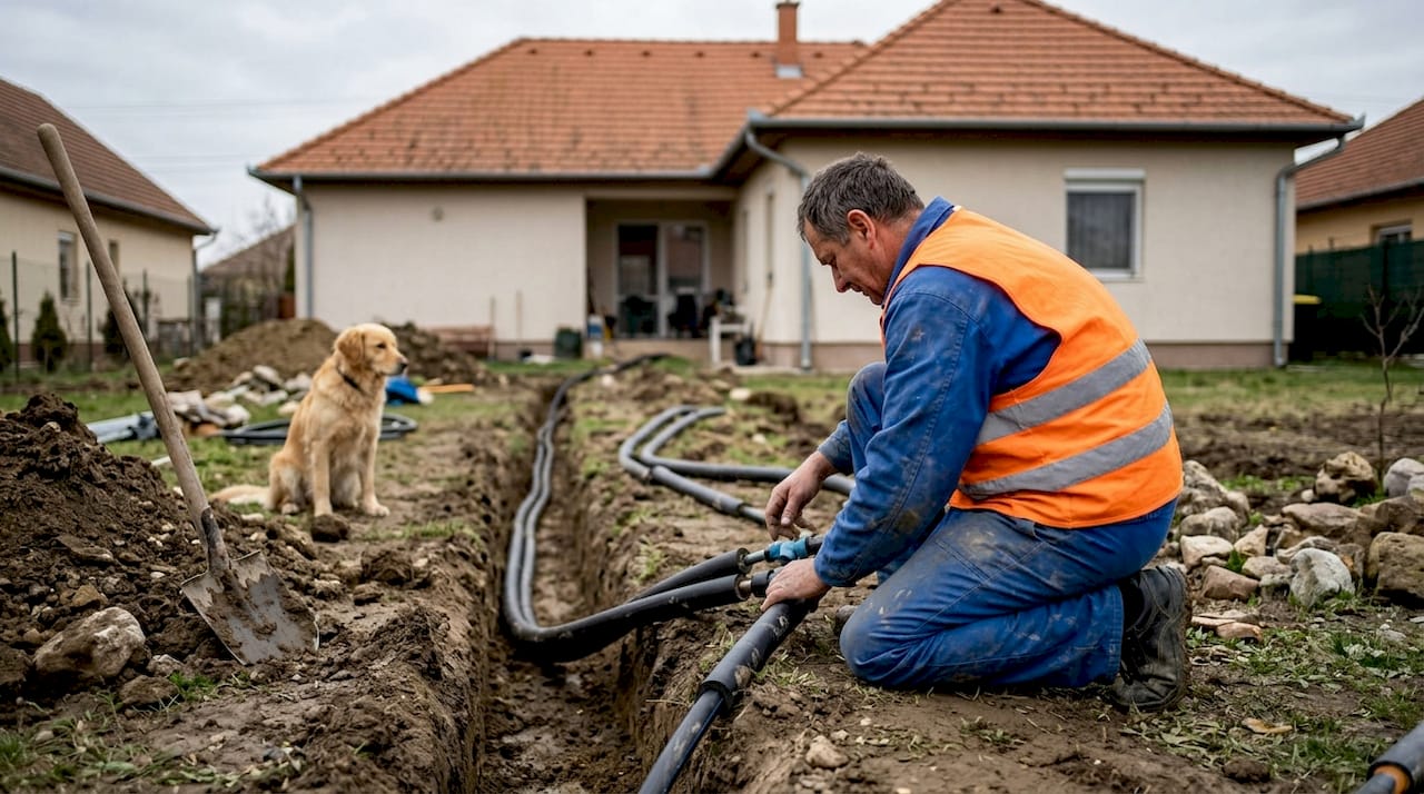 Egy szakember ellenőrzi a geotermikus rendszer telepítését.