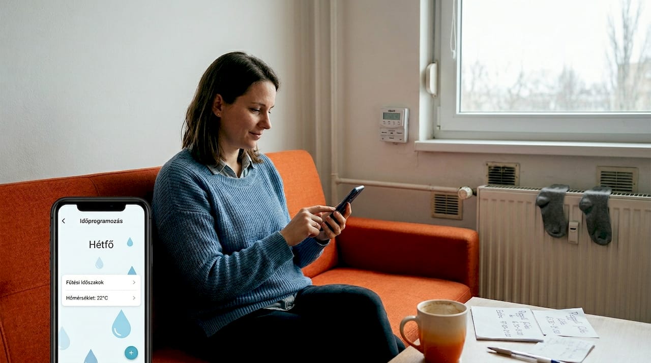 Egy nő beállítja az okos radiátor termosztátját