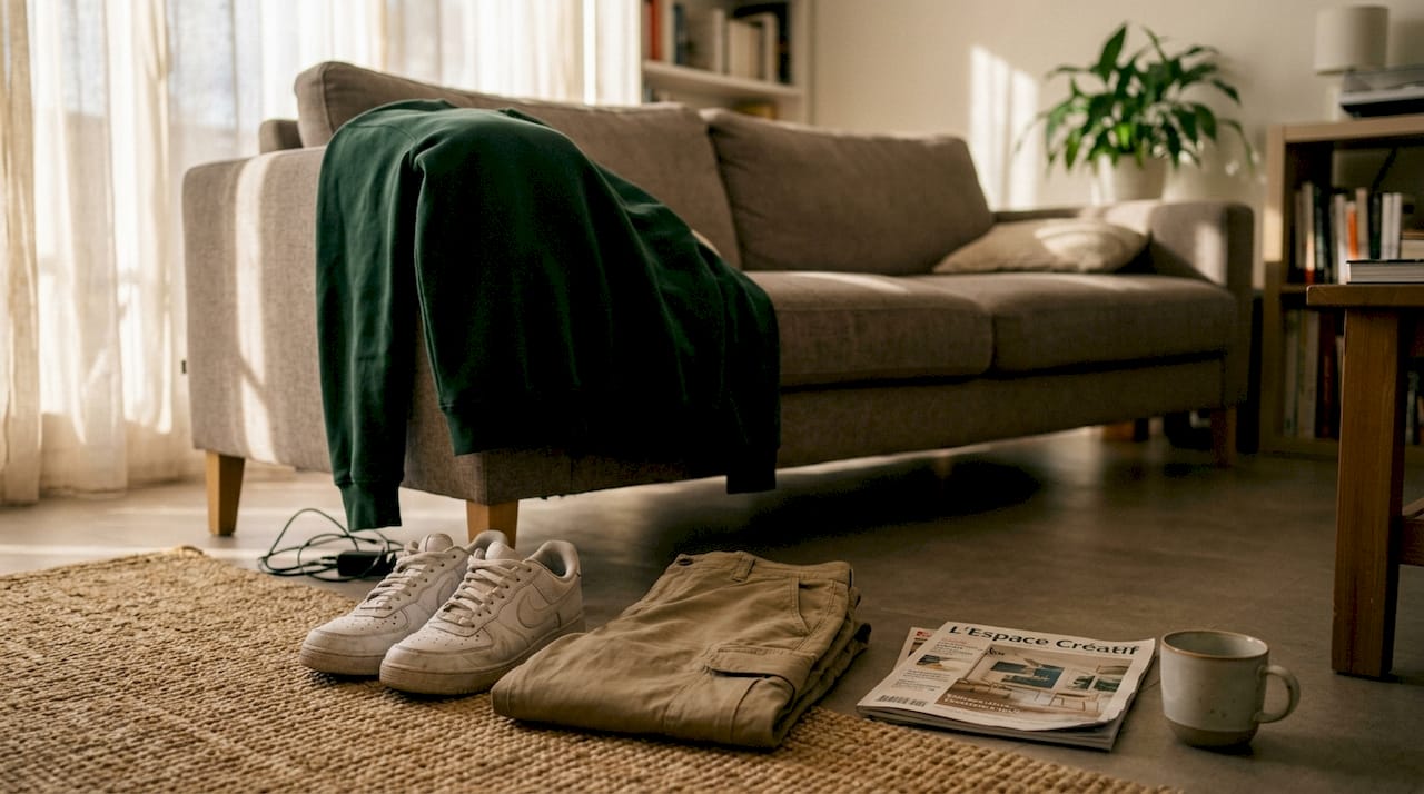 Des pièces streetwear soigneusement disposées dans un salon chaleureux, invitant à la détente.