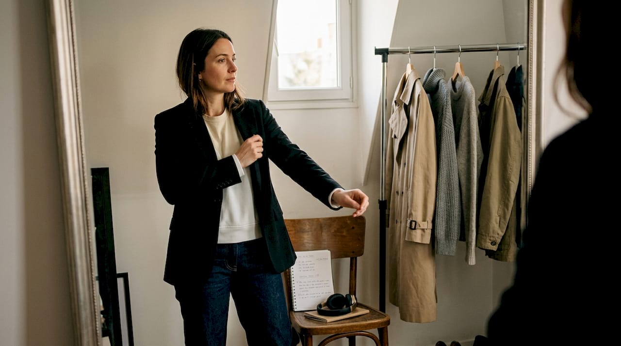 Devant son miroir, une femme assemble différentes pièces streetwear pour créer un look tendance.