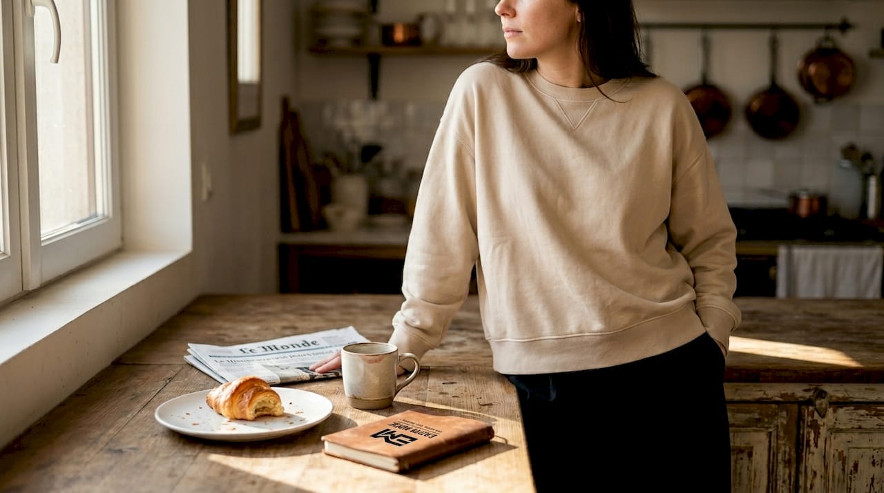 Zoom sur les détails d’une tenue streetwear minimaliste en coton.