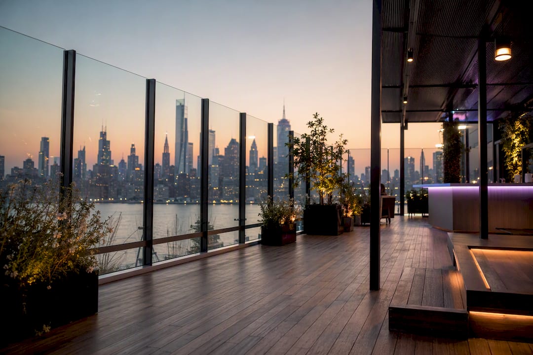 Empty urban event venue with skyline view