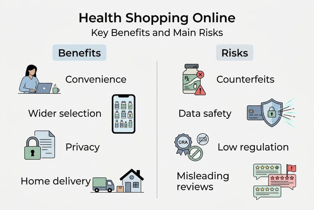 Infographic comparing online health shopping benefits and risks