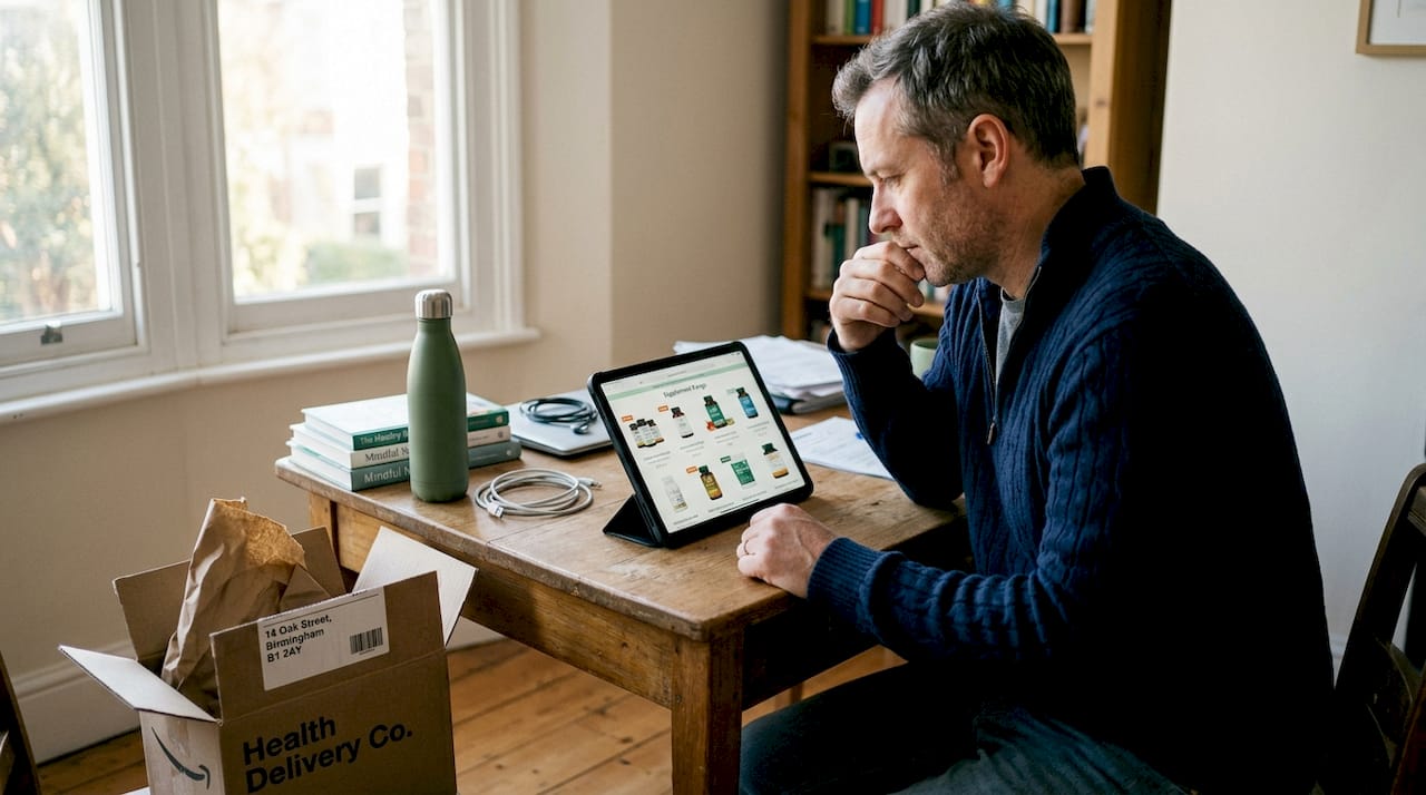 Man comparing health products on tablet at desk