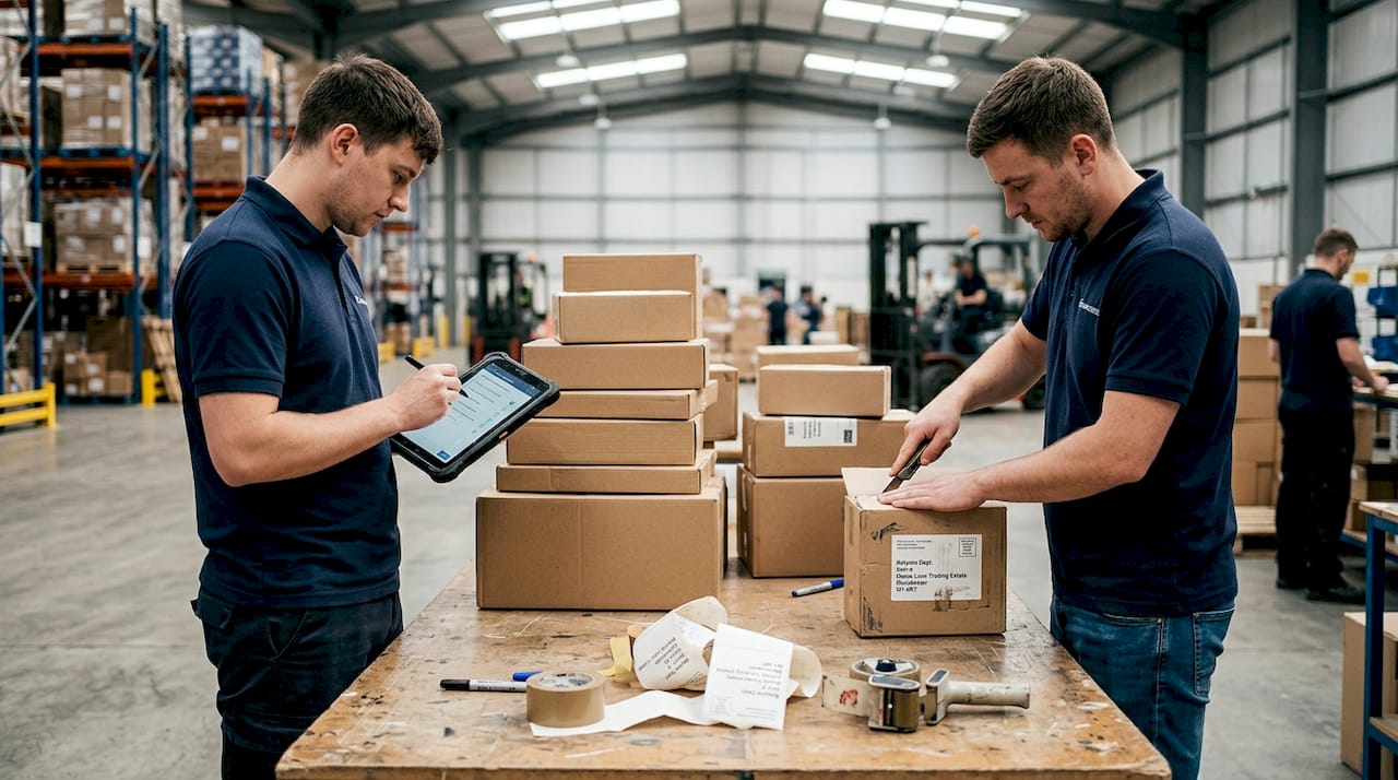 Workers inspecting returned wellness parcels in warehouse