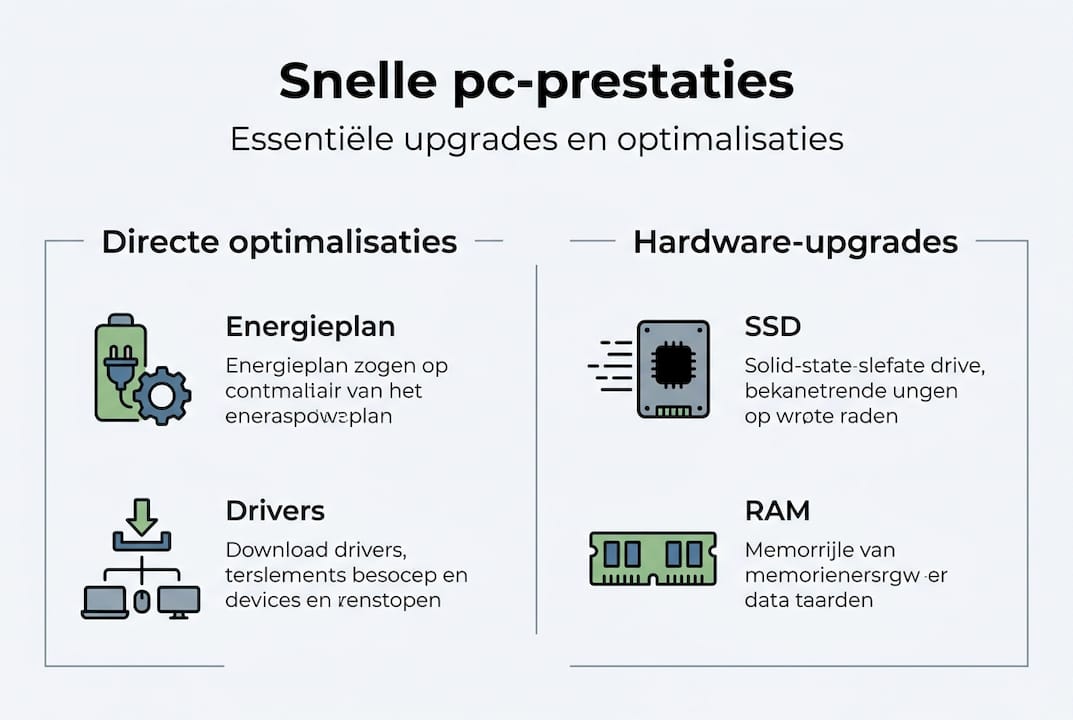 Overzicht van categorieën voor pc-optimalisatie en upgrades in een handige infographic