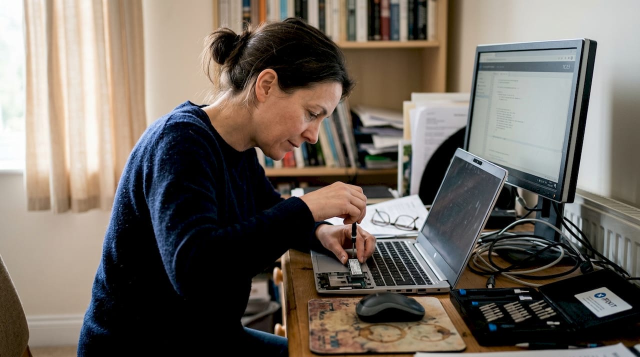 Een vrouw zit aan haar bureau terwijl ze de SSD van haar laptop vervangt.