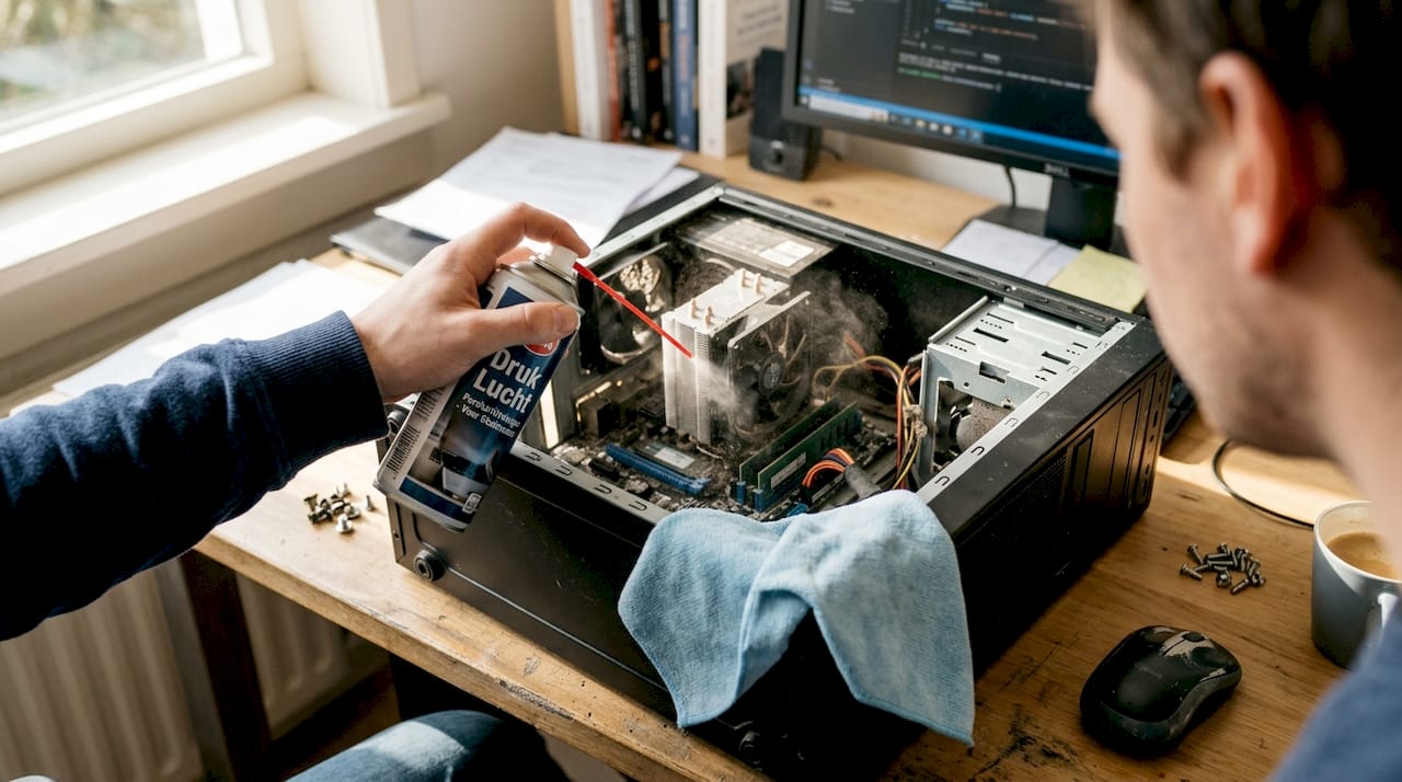 Met perslucht het stof uit een cpu-koeler blazen