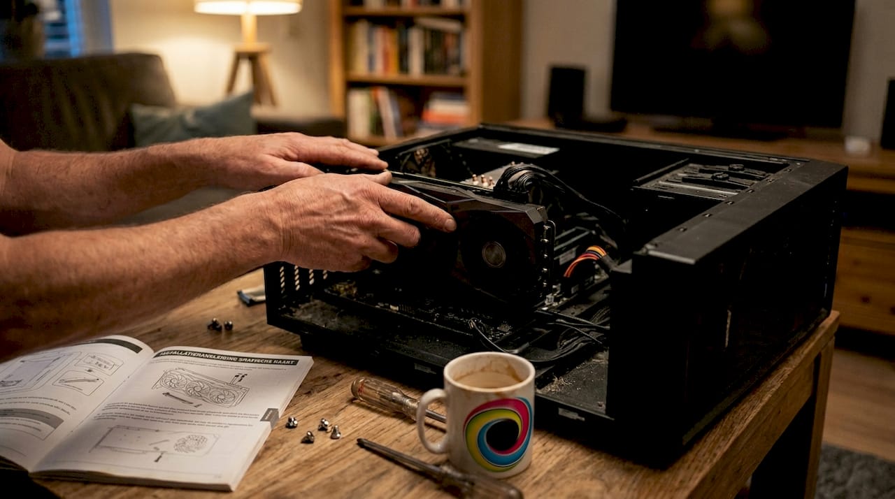 Een paar handen plaatst een videokaart in een computerbehuizing.