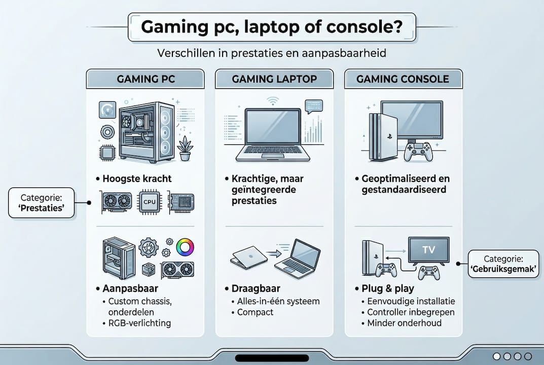 In deze infographic zetten we de verschillen tussen een gaming-pc, een laptop en een spelconsole overzichtelijk op een rij.