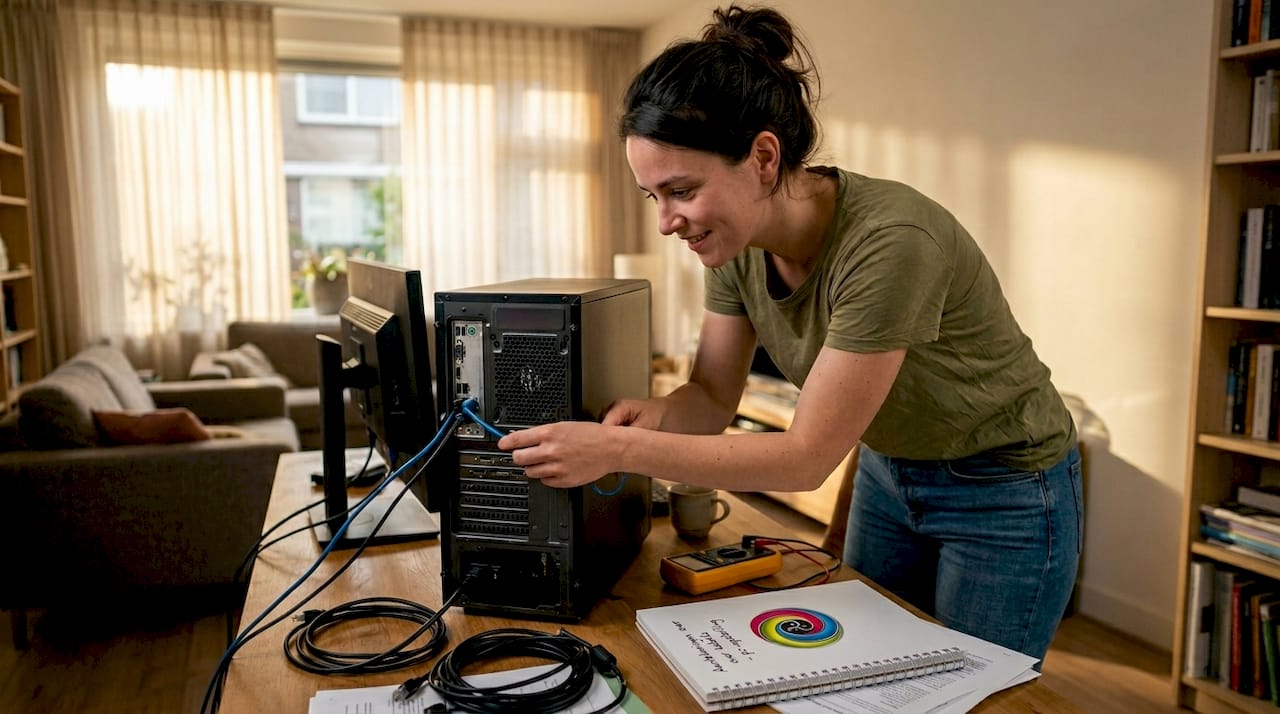 Een vrouw test de voeding van haar pc in de woonkamer.