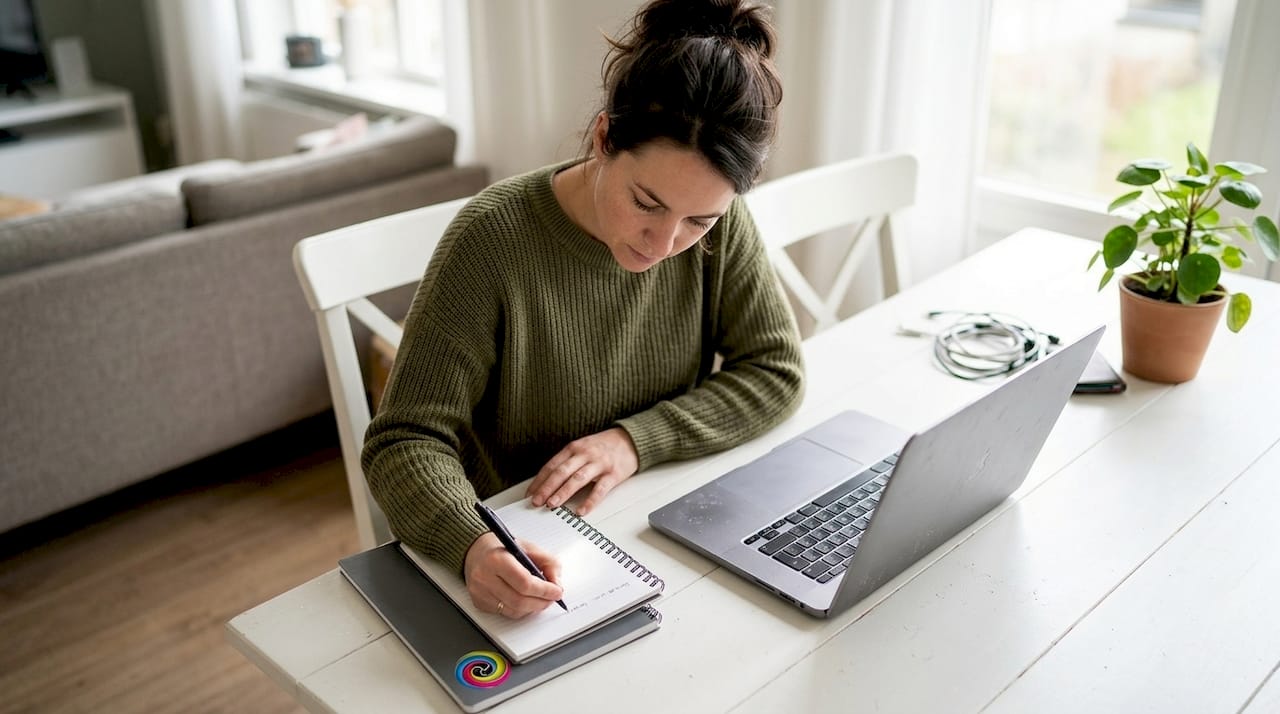 Een vrouw zit aan tafel in een lichte kamer en maakt aantekeningen terwijl haar laptop openstaat.