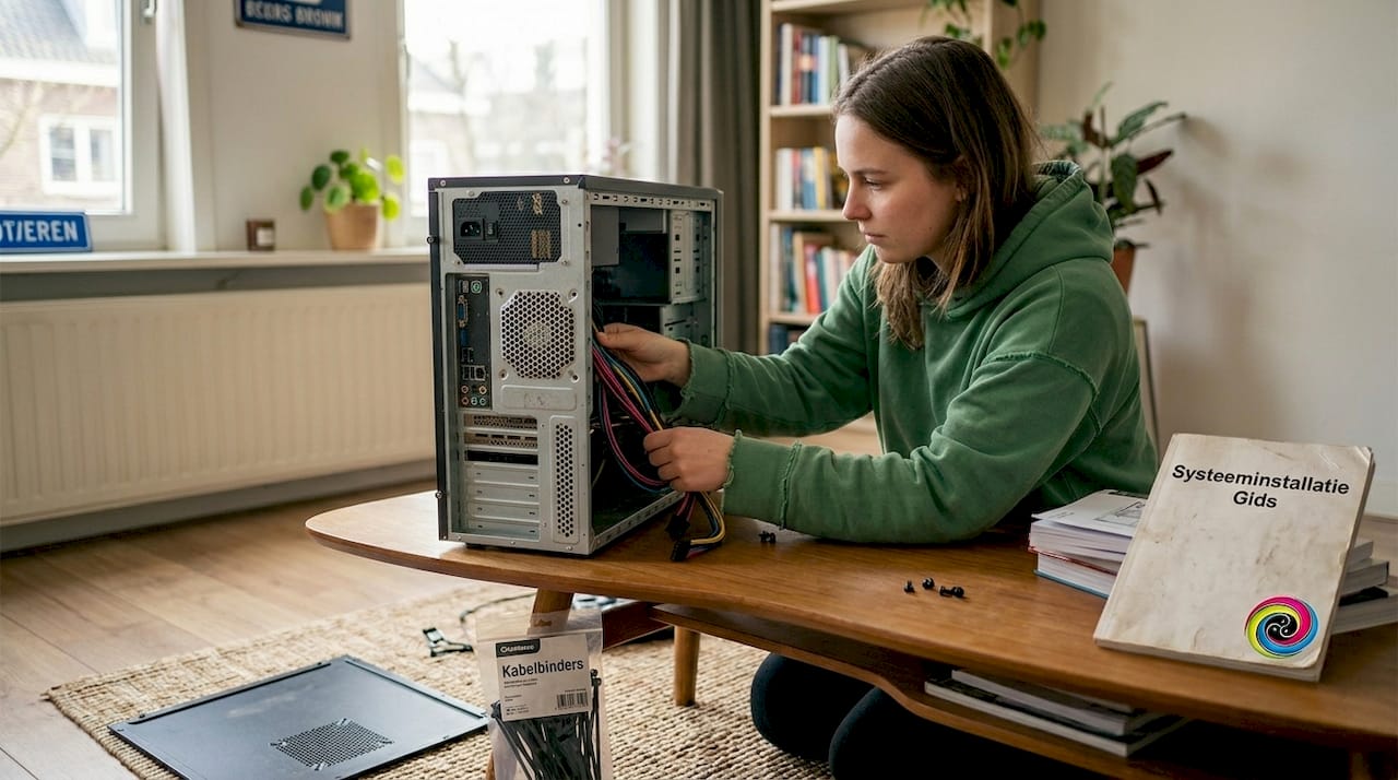 Een vrouw is bezig de kabels netjes te ordenen in de open behuizing van een desktopcomputer.