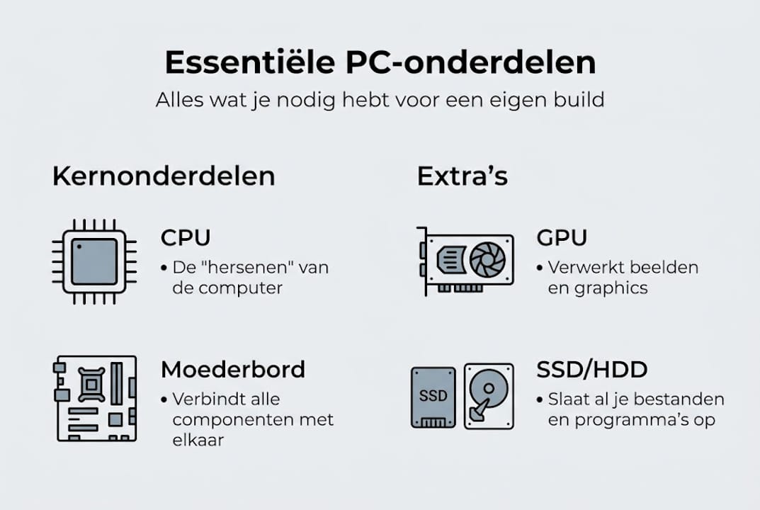 Overzichtelijke infographic van de belangrijkste onderdelen van een pc