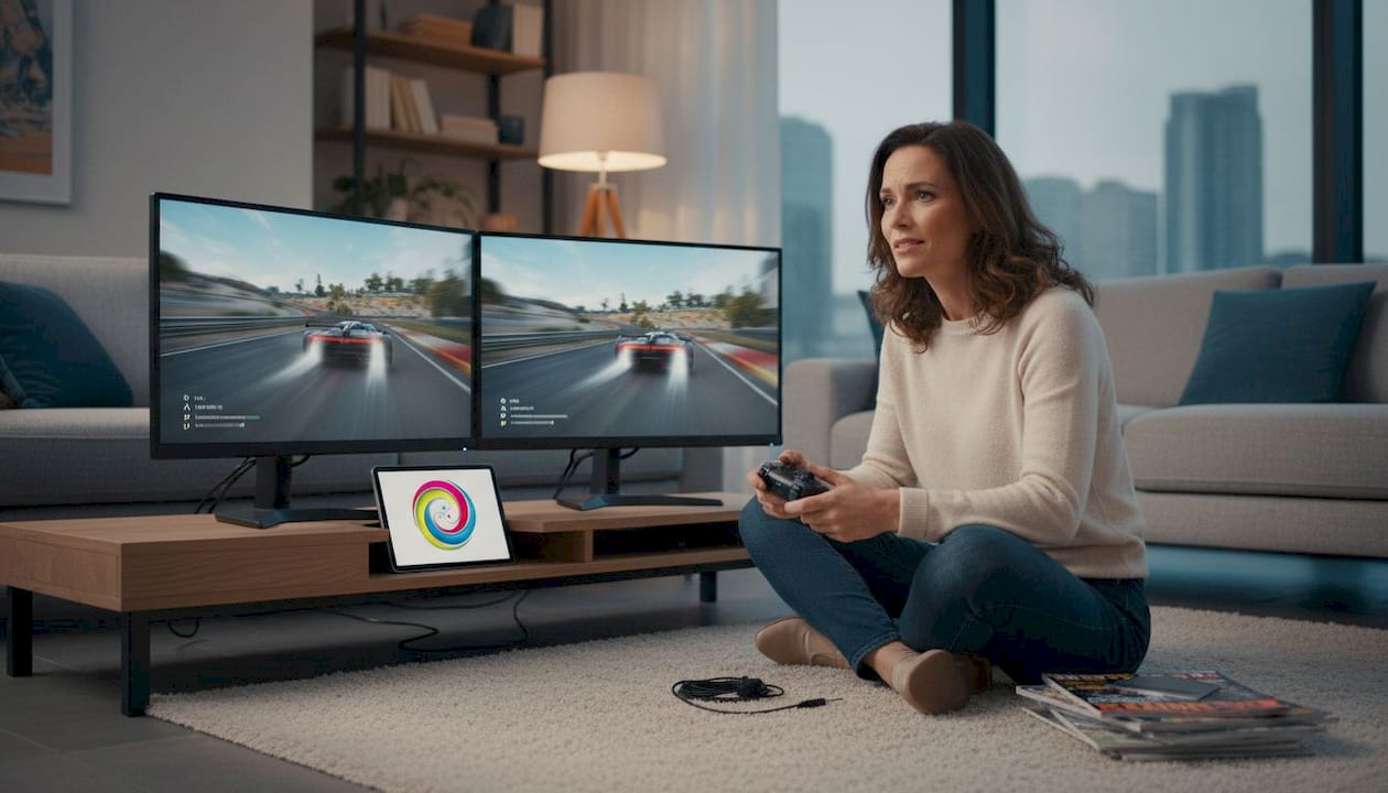 Een vrouw bekijkt twee verschillende monitors om te bepalen welke het beste is voor gamen.