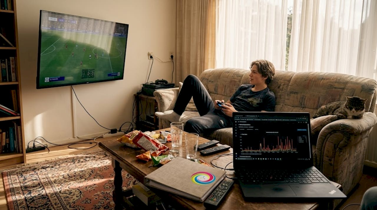 Een tiener zit relaxed te gamen op de bank terwijl er op de achtergrond een netwerktest draait.