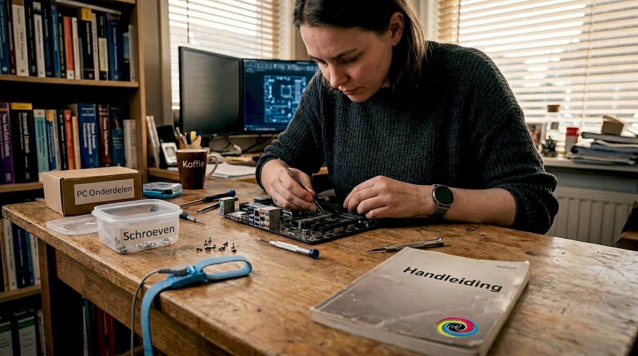 Een vrouw die zorgvuldig pc-onderdelen uitkiest aan haar werkbank.