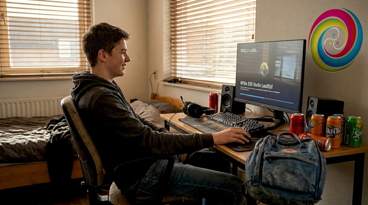 Tiener zit achter zijn game-pc met snelle SSD