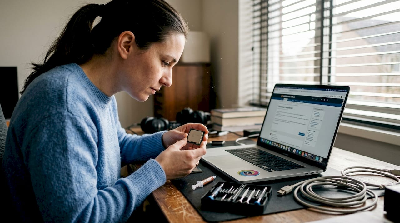 Een vrouw bekijkt een computerchip van dichtbij met volle aandacht.