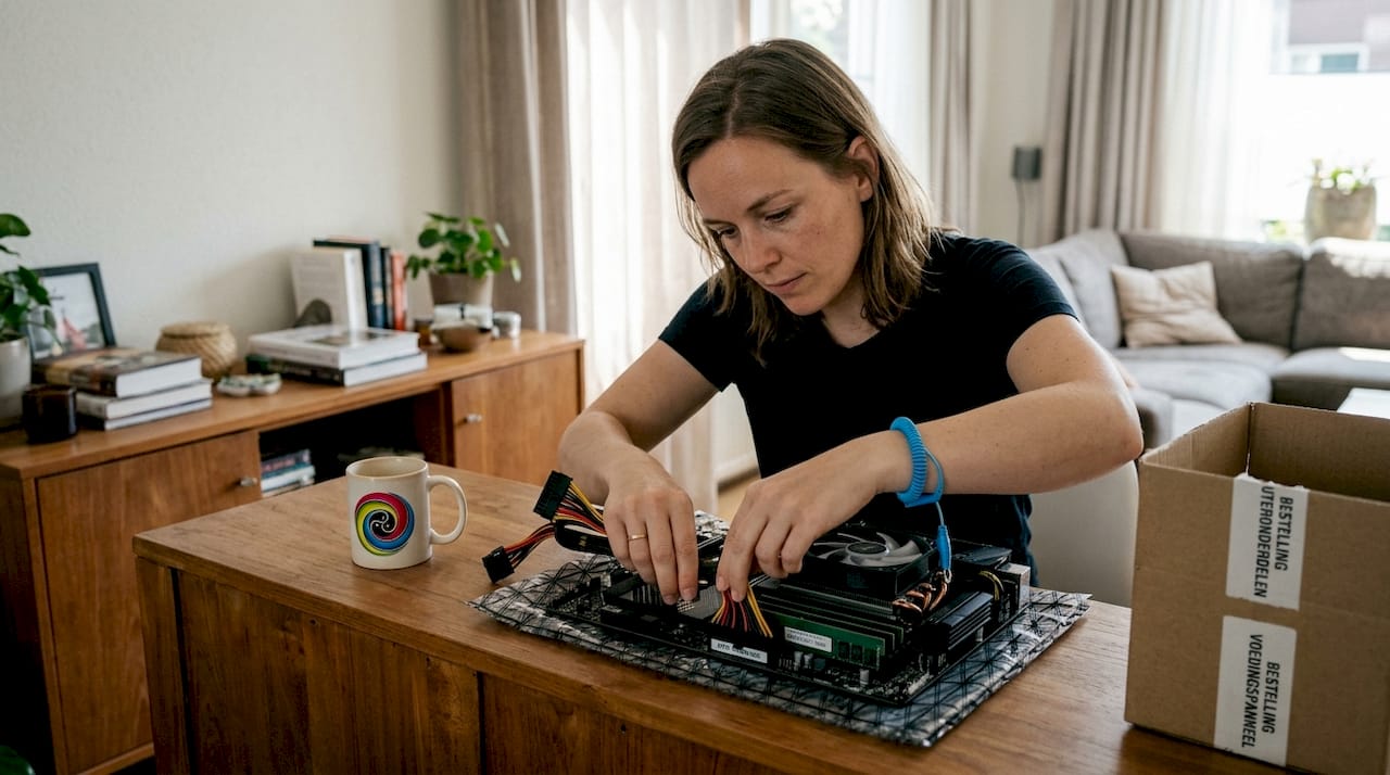 Een vrouw test een los moederbord op haar dressoir.