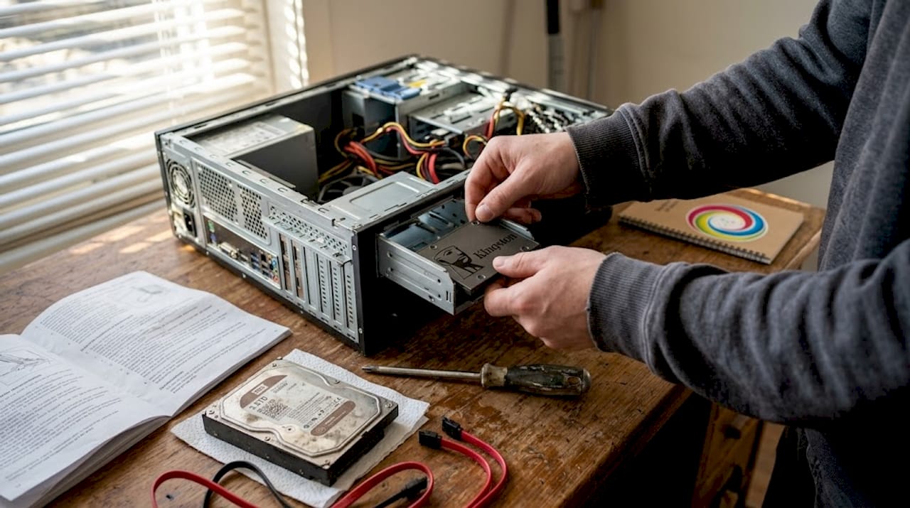 Iemand plaatst een SSD in een desktopcomputer.