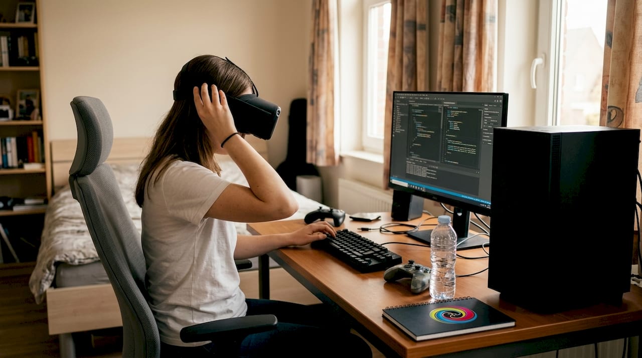 Vrouw probeert VR-pc uit in haar eigen huis