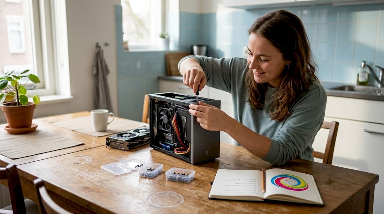Vrouw die een compacte mini-ITX computerkast in elkaar zet
