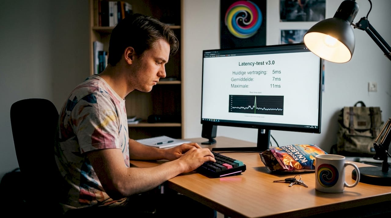 Iemand checkt hoe snel een gaming toetsenbord reageert tijdens het gamen.