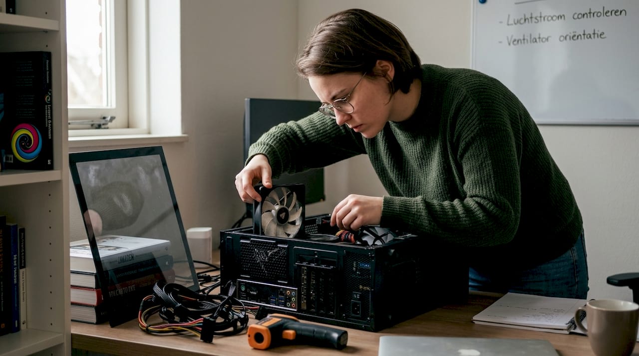 Vrouw controleert de luchtstroom in haar computerkast