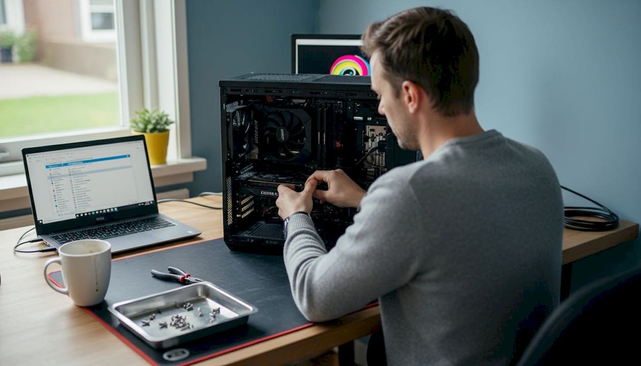 Een technicus plaatst een nieuwe videokaart in een Windows-laptop.