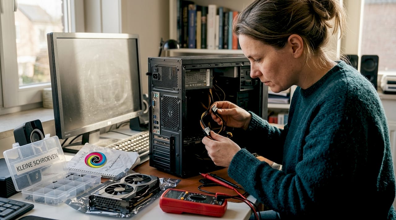 Vrouw bekijkt voeding terwijl ze haar nieuwe videokaart installeert