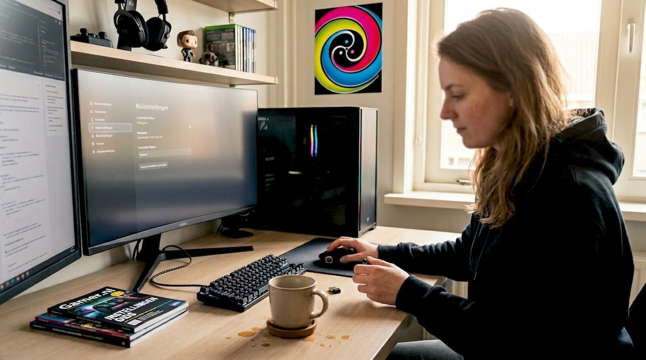 Een vrouw stelt haar draadloze gamingmuis in aan haar bureau.
