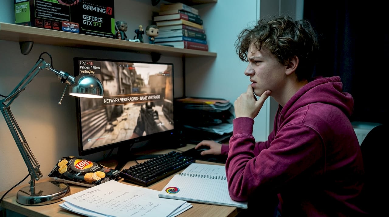 Tiener zit gefrustreerd achter zijn bureau omdat zijn game steeds vastloopt.