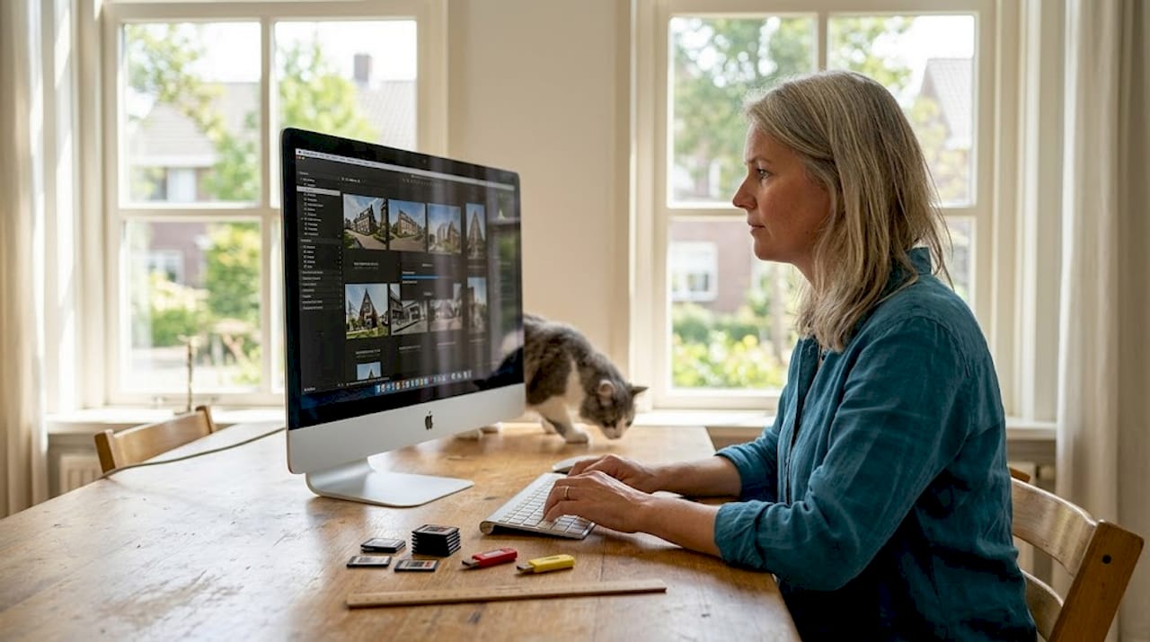 Een vrouw bewerkt foto's op haar computer en let daarbij extra op het geheugen (RAM) van haar pc.