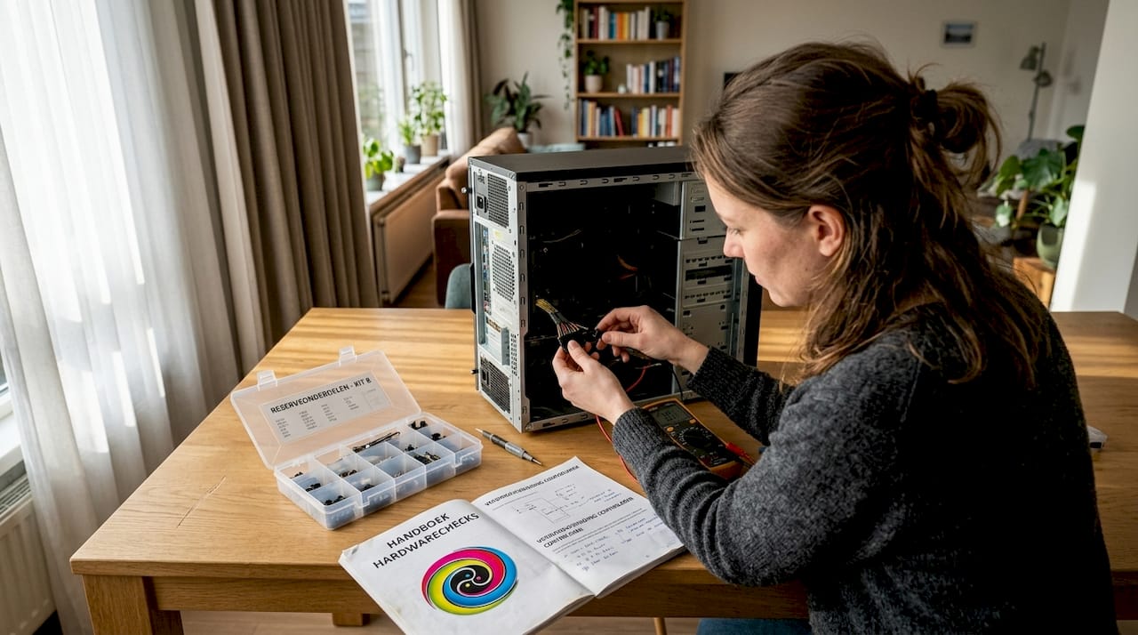 Vrouw controleert de aansluitingen van haar computer