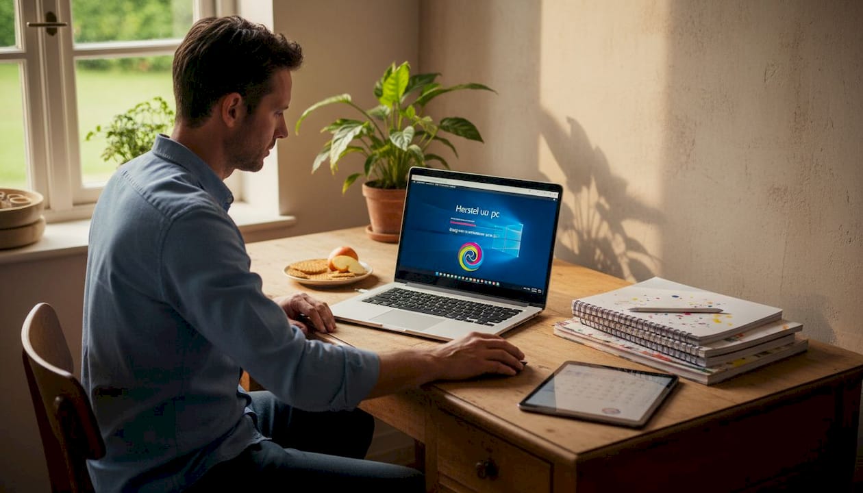 Man repareert zijn computer aan de keukentafel
