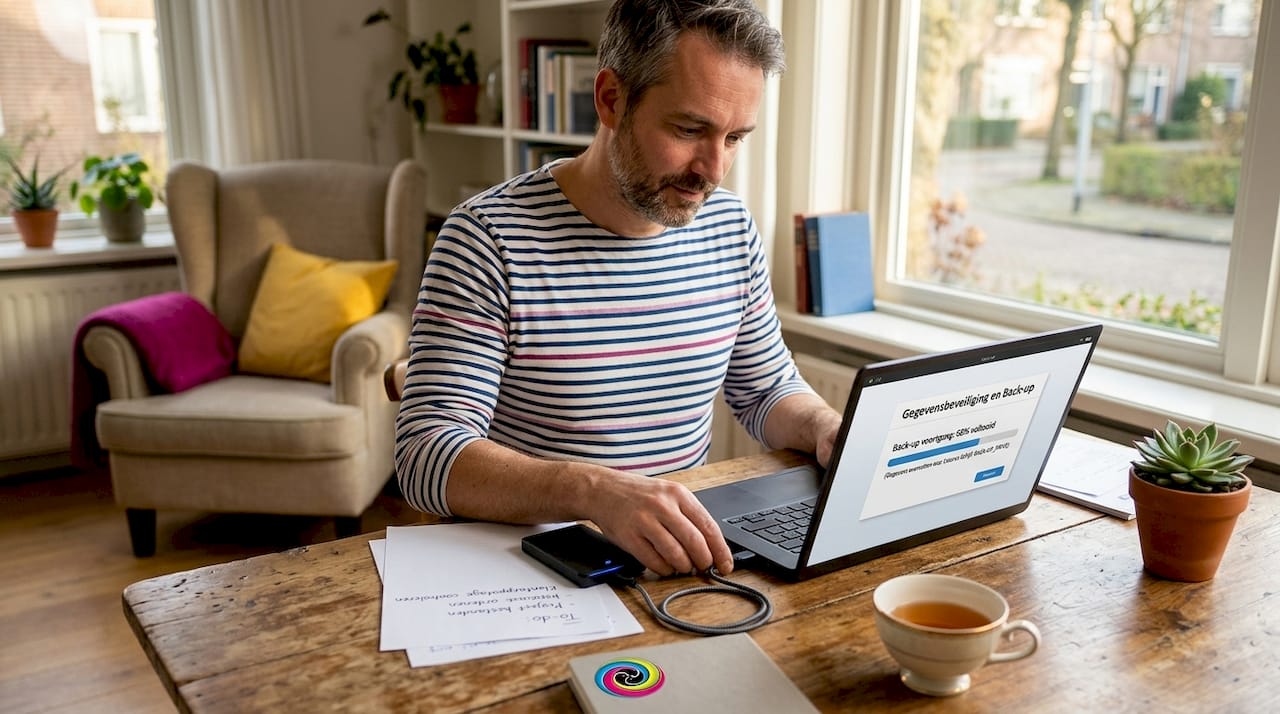 Een man is aan de keukentafel bezig om een back-up van zijn computer te maken.