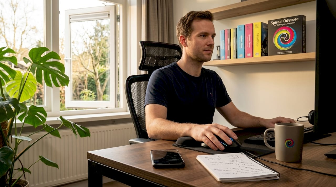Een gamer die relaxed achter zijn computer zit, met een ergonomische muis voor extra comfort tijdens het spelen.