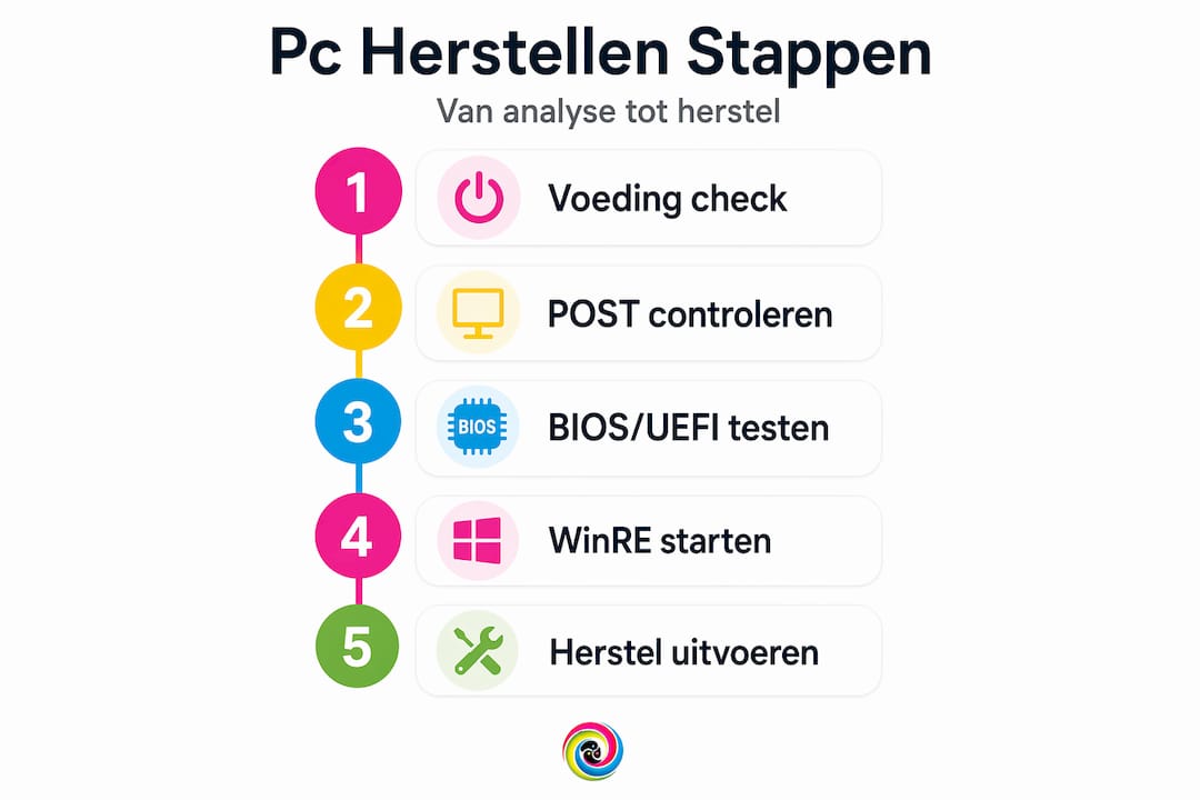 Horizontale infographic met de belangrijkste stappen voor het herstellen van je computer