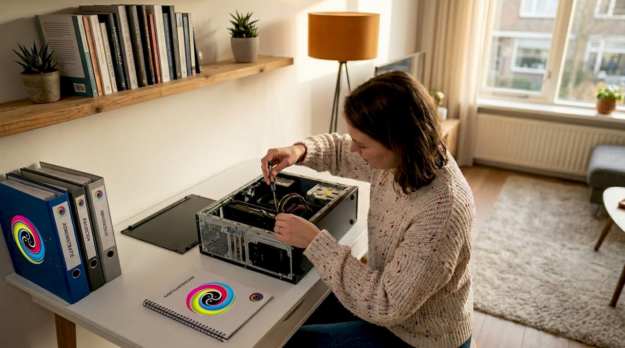 Een vrouw inspecteert de onderdelen in haar computer.