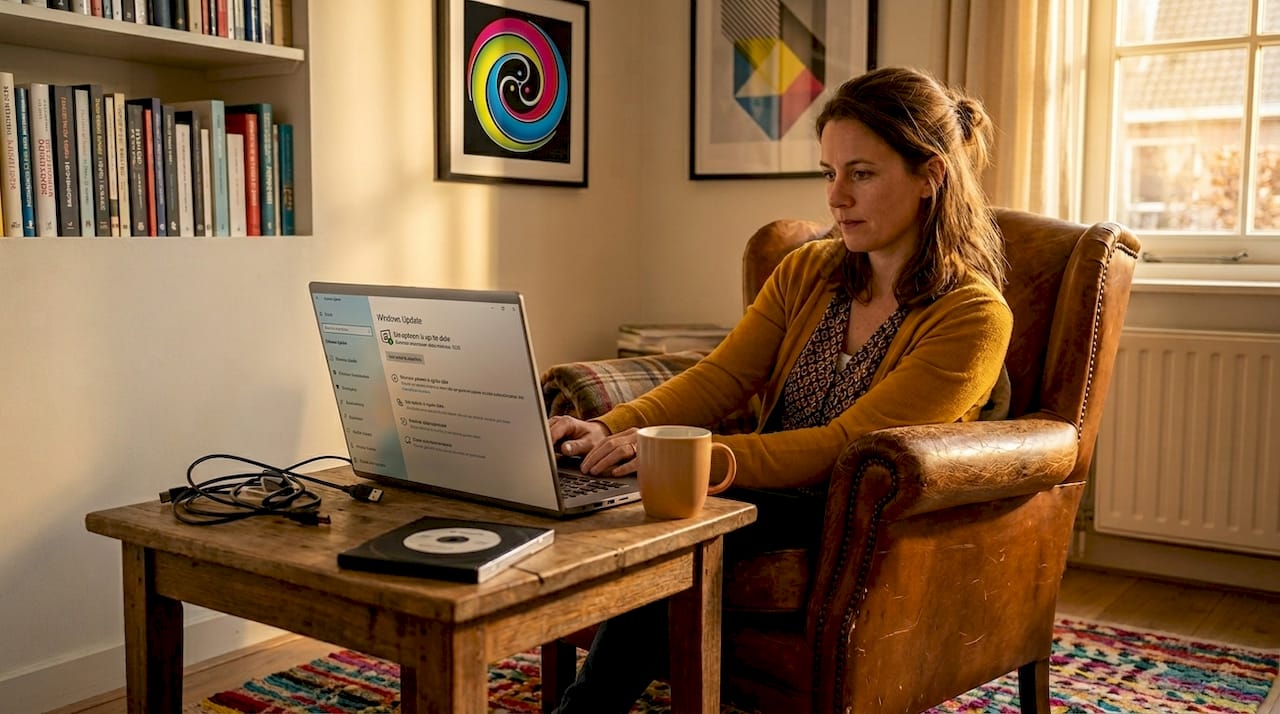 Een vrouw zit aan de keukentafel terwijl ze haar computer een update geeft.