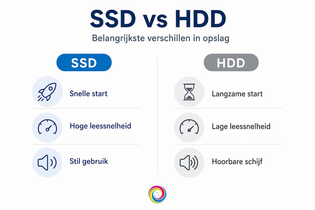 In deze infographic zie je de belangrijkste verschillen tussen SSD- en HDD-opslag overzichtelijk op een rij.