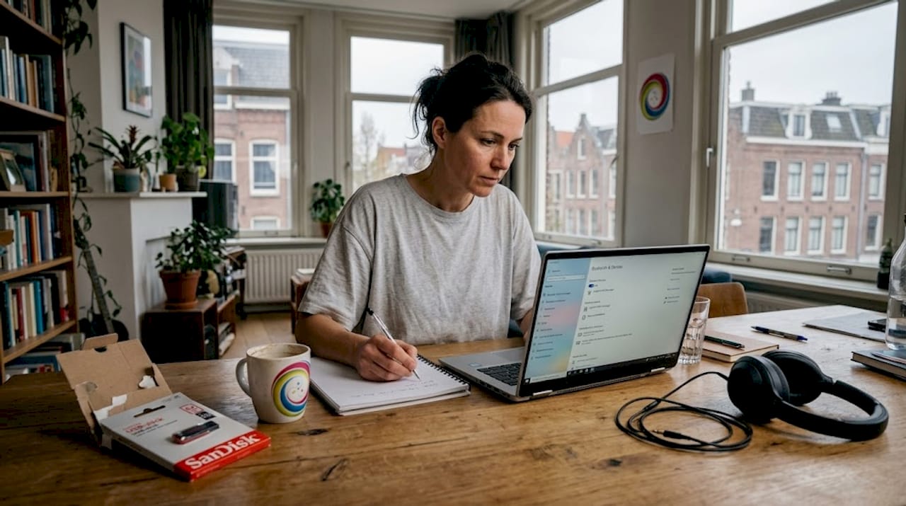 Vrouw probeert thuis haar laptop weer aan de praat te krijgen
