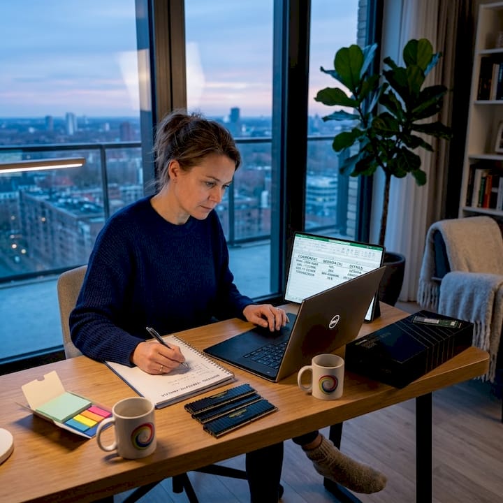 Een vrouw bekijkt thuis de specificaties van haar streaming pc.